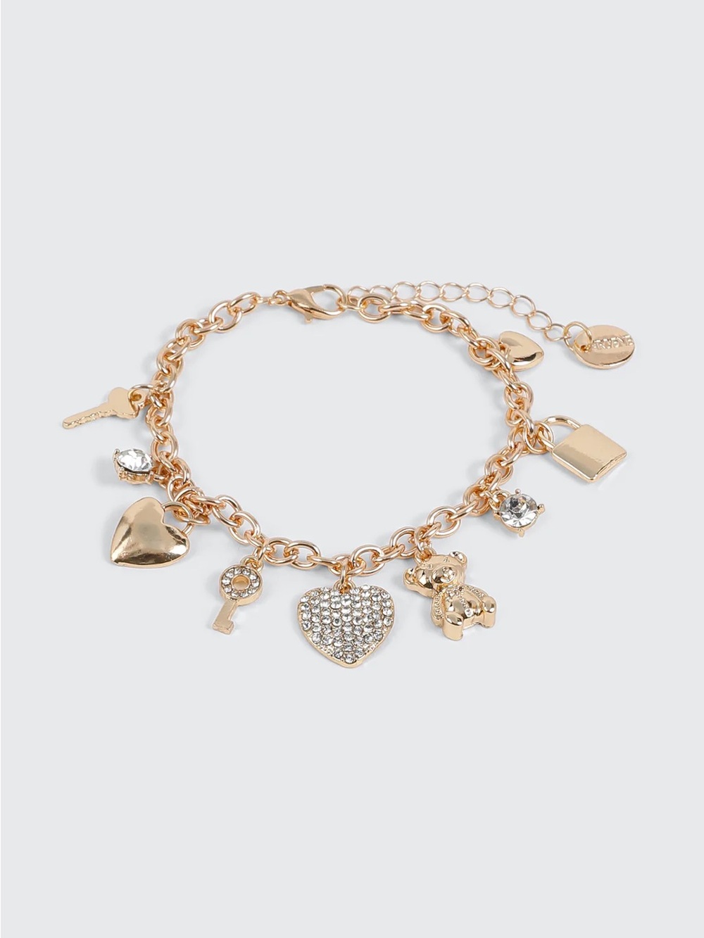 Hand Crafted Gold Charm Bracelet with Heart, Key, Lock & Teddy Bear